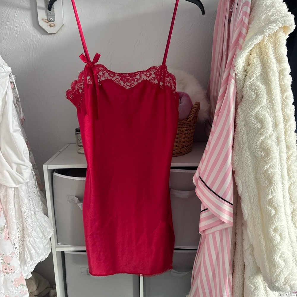 Victorias Secret Red Lace Trim Slip Dress